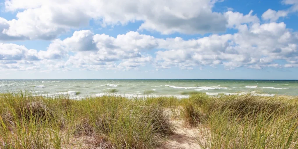 Beach with grassy dunes and blue sky