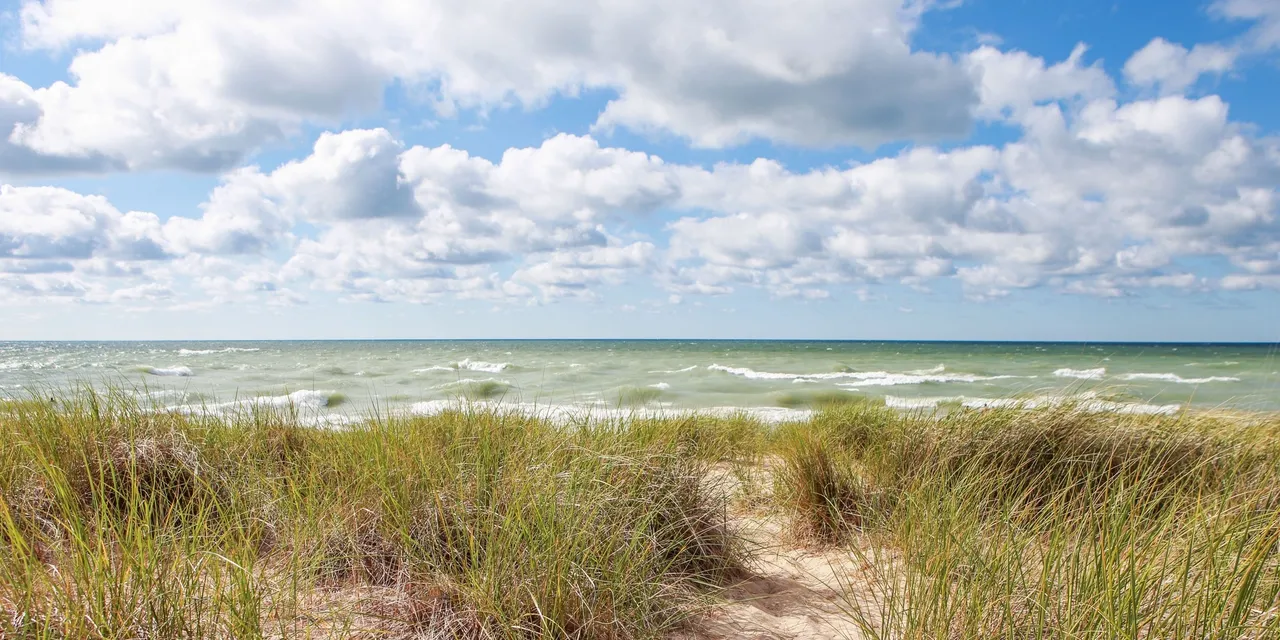 Beach with grassy dunes and blue sky