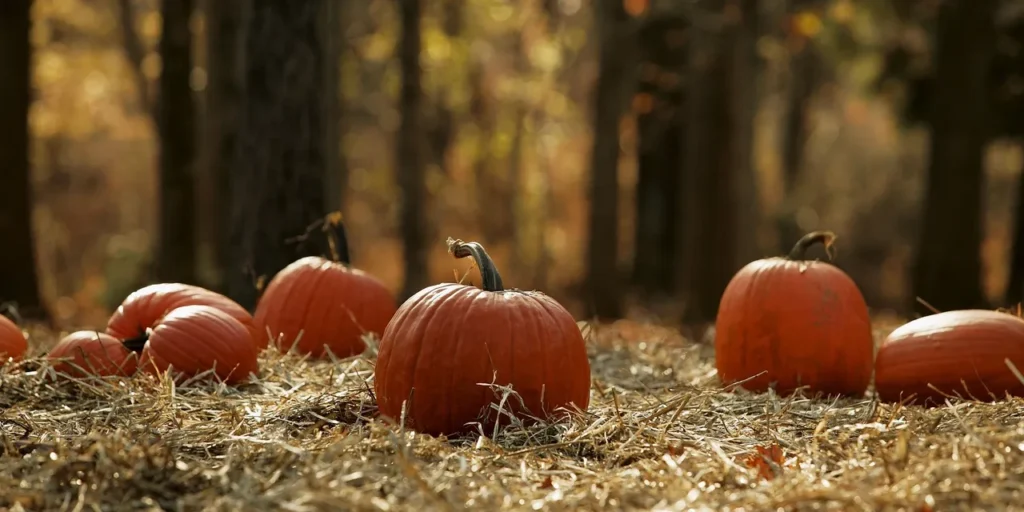 Orange pumpkins among trees