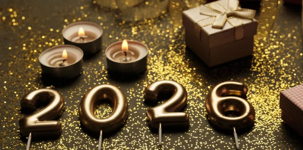 Gold 2026 candles with festive decorations