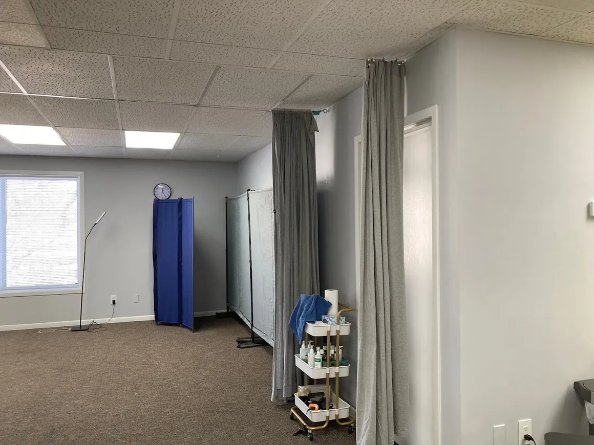 Clinic interior with blue and gray accents
