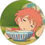 Animated character sleeping in front of bowl